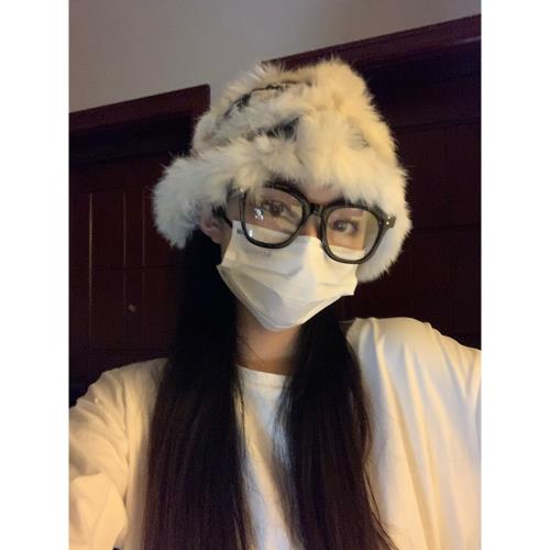 可愛醒獅帽毛絨絨兔毛手工針織漁夫帽女秋冬顯臉小保暖學生毛線帽