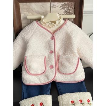 兒童加棉女童毛毛外套秋冬款2023新款韓版女寶寶洋氣加厚保暖上衣