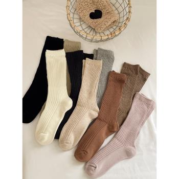 粗線針織純色堆堆襪子女秋冬簡約百搭中筒襪ins日系復古條紋長襪