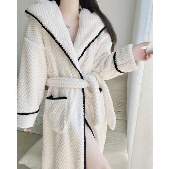 女冬季珊瑚絨長袖高級感純色睡衣