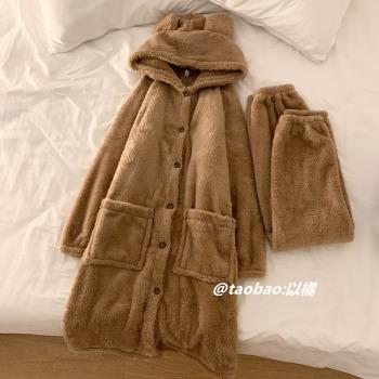 ins棕色連帽睡袍套裝秋冬季新款加厚保暖珊瑚絨可外穿家居服睡衣