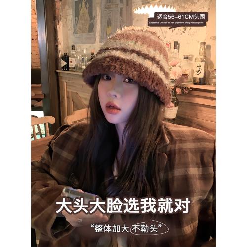 美拉德毛絨漁夫帽大頭圍針織帽子保暖顯臉小加大加深拼色盆帽女款