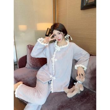 珊瑚絨睡衣女秋冬季甜美加絨加厚保暖國風2024新款可外穿家居服套