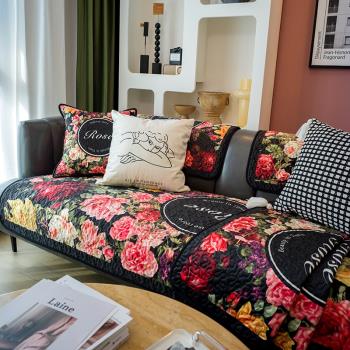 深色美式大花設計沙發墊四季通用加厚防滑沙發坐墊耐臟花卉沙發套