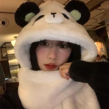可愛圍巾手套女冬季加絨加厚熊貓