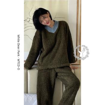 韓版慵懶珊瑚絨睡衣女款冬季法蘭絨加絨加厚保暖毛絨家居服冬套裝