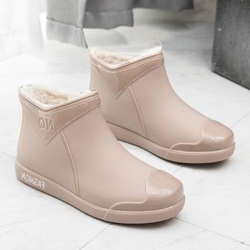 雨鞋女款一體絨水鞋新款加絨套鞋時尚短雨靴冬季保暖防水防滑膠鞋