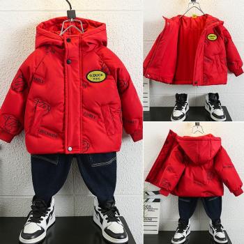 小黃鴨男童紅色羽絨服冬季2023新款洋氣寶寶兒童加厚保暖棉襖外套
