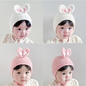 秋冬加厚嬰兒胎帽毛線系帶可愛兔耳朵保暖防風女寶寶針織護耳帽子
