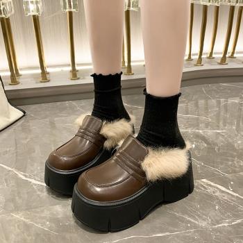 網紅包頭半拖鞋女冬新款外穿小眾設計感毛毛厚底增高加絨保暖拖鞋