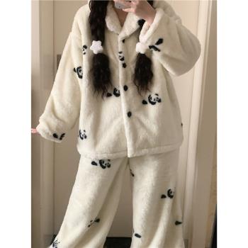 韓版可愛熊貓珊瑚絨睡衣女冬款新款保暖加厚毛絨絨家居服套裝秋冬