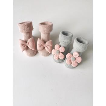 新生嬰兒中筒襪冬季純棉加厚毛圈襪3個月寶寶松口保暖防滑地板襪