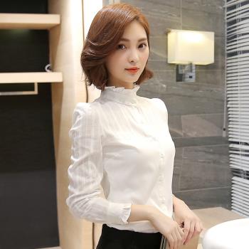 加絨襯衫女長袖純棉保暖襯衣女2024秋冬新款洋氣加厚立領白色上衣