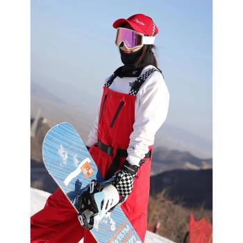 【清倉】滑雪服背帶褲男女款單板寬松紅色加絨保暖防水防寒滑雪褲