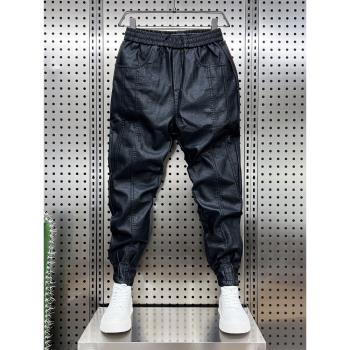 冬季新款男士加絨加厚摩托車外賣騎行皮褲男機車PU保暖防風小腳褲