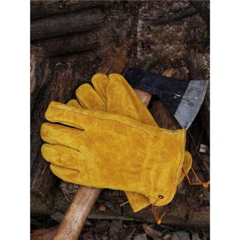 野人bushcraft戶外野營牛皮手套防割防燙隔熱防護耐磨保暖手套