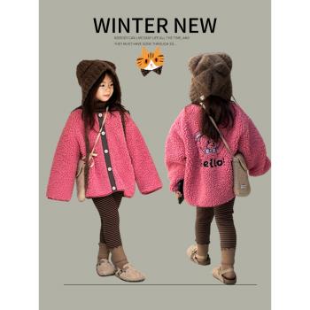 女童韓版復古毛毛外套2023冬裝寶寶洋氣加絨外套兒童時尚保暖棉衣
