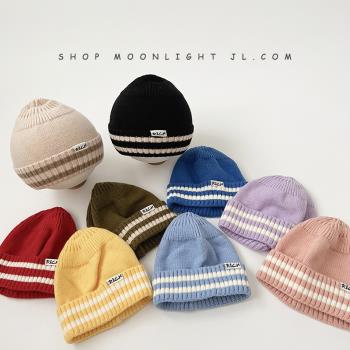 小標簡約條紋兒童帽子秋冬季保暖防風男女孩寶寶針織毛線套頭帽