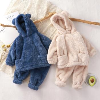 連帽男女寶寶兩件套加絨保暖睡衣