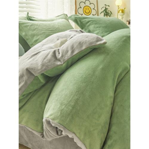 純色牛奶絨保暖四件套加厚法蘭絨被套被罩床笠床單雙人套件秋冬季