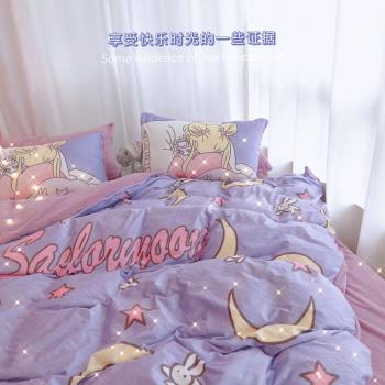 ins卡通美少女牛奶絨床上四件套粉紫色被套床單冬季法蘭絨三件套