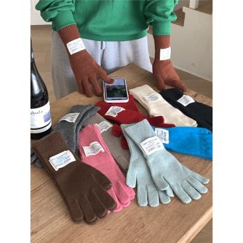 ins百搭露指可觸屏長款手套女韓國冬季騎車保暖護腕針織五指手套