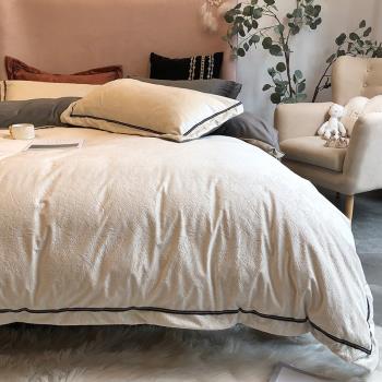 四件套冬季珊瑚絨雙面加絨加厚保暖浮雕絨被套法蘭絨純色床上用品