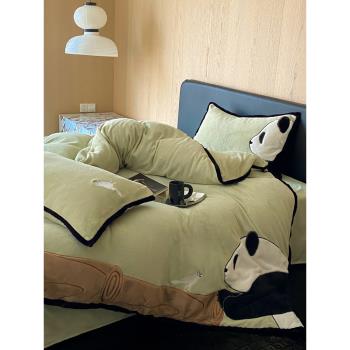 秋冬季加厚牛奶絨床單款四件套可愛熊貓刺繡保暖國風被套床上用品