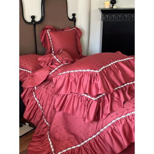 法式提花100支長絨棉紅色結婚四件套純棉被套床單婚慶1.8床上用品