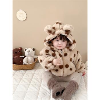 嬰兒外套冬款韓版新生兒加絨加厚圓點連帽上衣寶寶冬季保暖毛毛衣