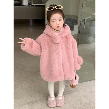 女童加厚洋氣毛毛衣保暖寶寶冬季上衣斗篷外套兒童秋冬裝寬松大衣