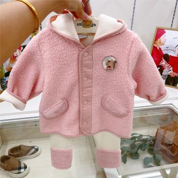 韓國專g童裝 23冬女寶兒童甜美毛絨連帽外套加絨打底褲保暖套裝