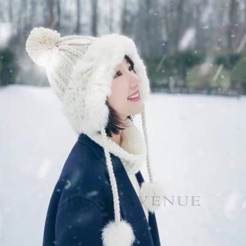 白色冬季女加絨加厚保暖毛線帽子
