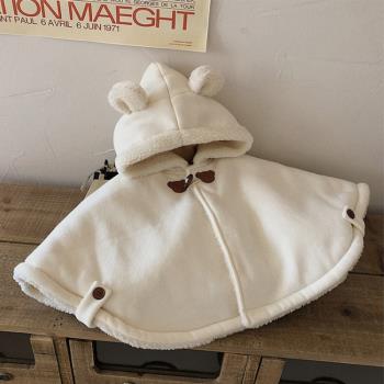 韓版秋冬裝寶寶可愛熊耳朵加絨防風斗篷嬰兒加厚保暖外出披風外套