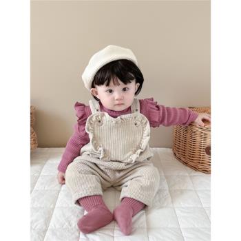 嬰兒寶寶冬裝冬天衣服背帶褲套裝分體網紅洋氣加絨加厚保暖兩件套