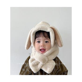 冬天新款寶寶帽子圍巾一體小月齡嬰兒加絨保暖嬰幼兒小兔子兩件套