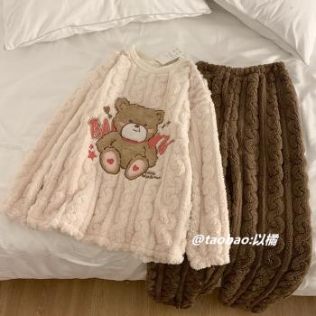 女小熊保暖法蘭絨大碼套裝睡衣