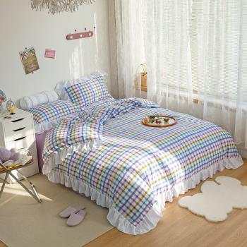 韓式紫色格子少女心公主風春夏季四件套床上用品床單被套網紅ins