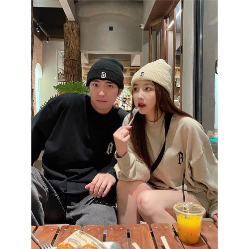 SUPERWZM冬季簡約B字母貼布毛線帽男女保暖百搭針織冷帽學生情侶