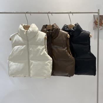 PU皮高領棉服馬甲外套女冬季2024新款韓版保暖立領背心馬夾棉衣潮