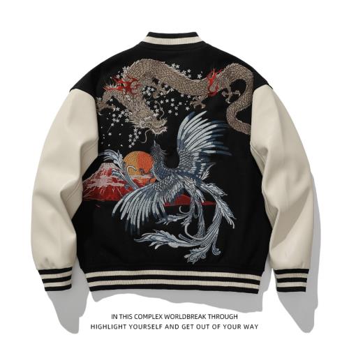 重工刺繡龍朱雀皮袖棒球服夾克外套男女情侶橫須賀秋冬毛呢加厚
