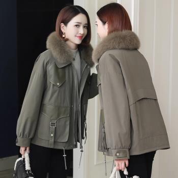 派克女狐貍毛領羽絨服女短款2024冬季新款小個子白鴨絨保暖外套
