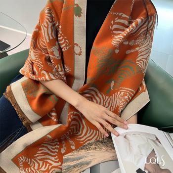 野性波西米亞風斑馬紋橙色披肩女秋冬出游百搭多功能保暖圍巾雙面