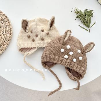 ins韓國可愛兔耳朵寶寶針織套頭帽秋冬款保暖嬰兒帽子雙耳毛線帽