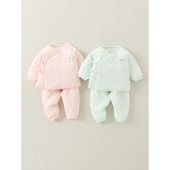 新生嬰兒兒棉衣秋冬夾棉套裝a類純棉0-3月初生寶寶和尚服系帶棉服