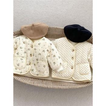 嬰兒韓版冬款夾棉外套女寶寶碎花開衫棉襖加厚保暖棉衣新生兒套裝