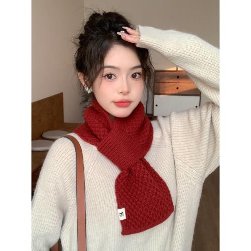 紅色圍巾女秋冬短款護頸保暖韓版可愛網紅懶人交叉小圍脖學生百搭