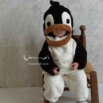 韓國兒童睡衣可愛秋冬季法蘭絨企鵝寶寶雙面絨睡裙保暖居家服套裝