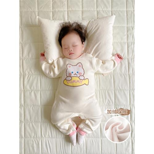 女寶寶加絨肩扣哈衣嬰兒新生小童加厚爬服初生兒0-2歲保暖秋冬裝