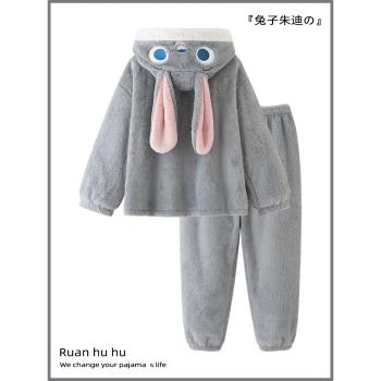 尼克朱迪可愛情侶連帽睡衣女款冬季加厚珊瑚絨可外穿冬天家居服男